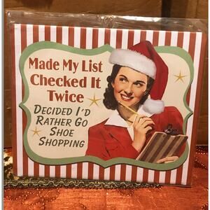 NWT NEW Retro Christmas Decor Metal Sign‎ Made My List Rather Go Shoe Shopping